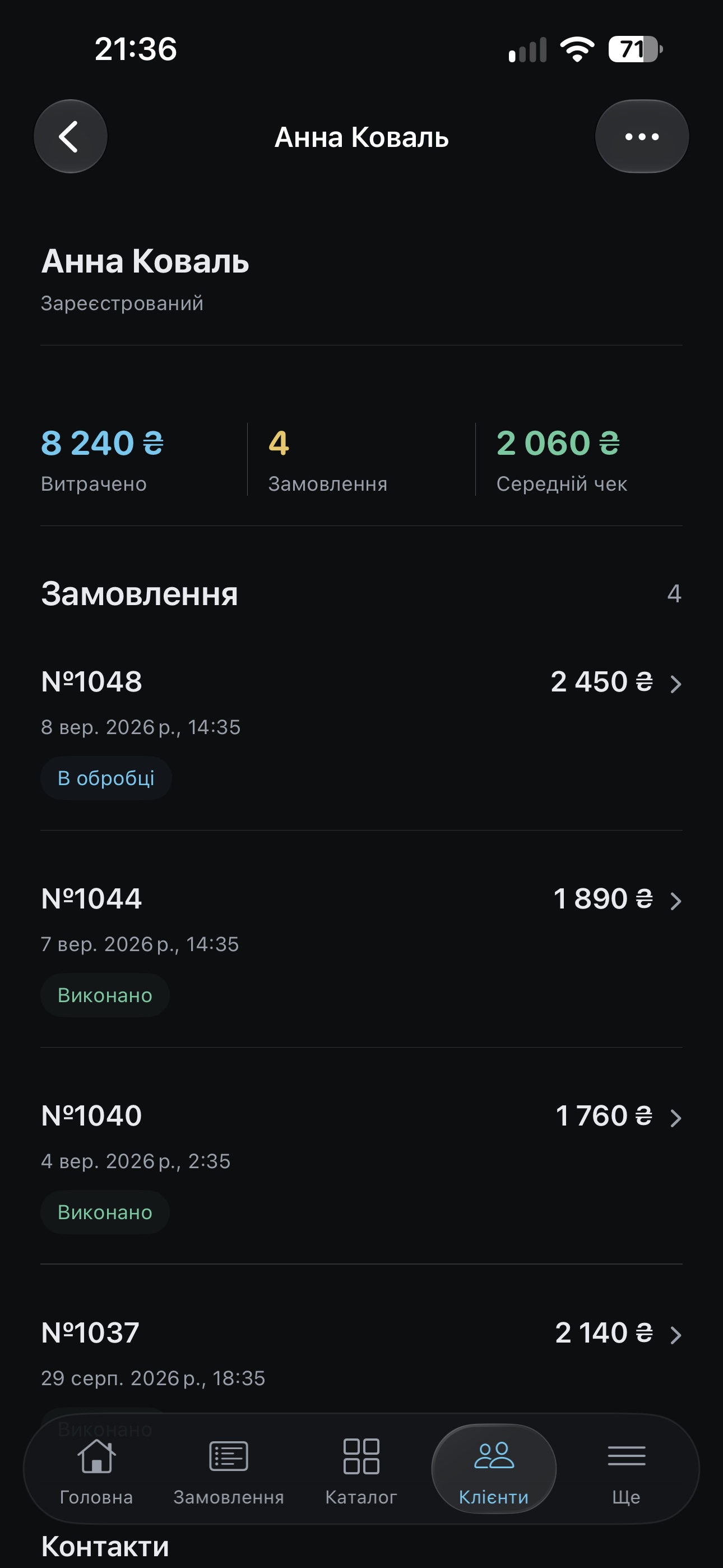 Історія замовлень і підсумки покупок клієнта